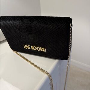 Love Moschino Black Textured Clutch with Gold Chain
